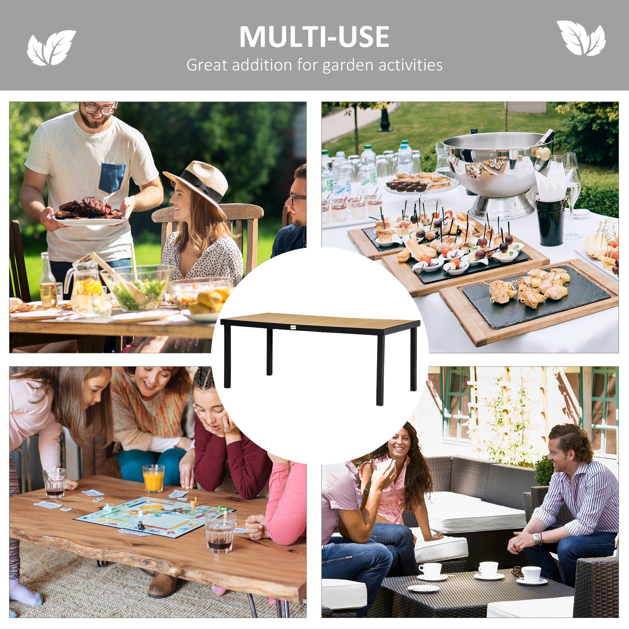 75" x 35" Outdoor Dining Table for 8 People, Rectangular Aluminum Frame Garden Table with All-Weather Faux Wood Top for Lawn, Patio