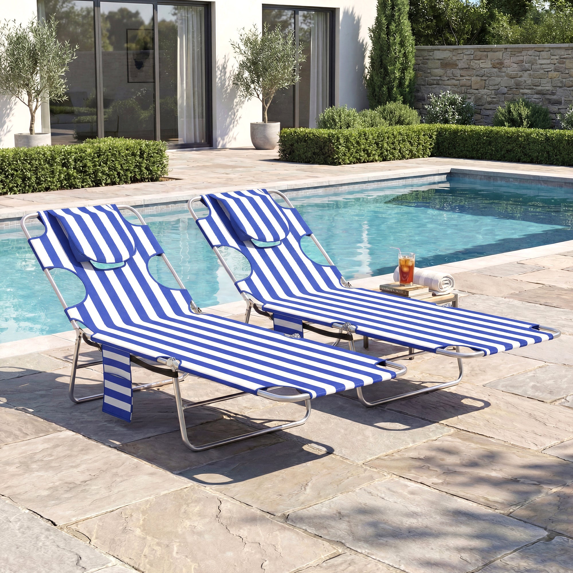 2 Tanning Chairs with Face Hole, 5-Level Adjustable Outdoor Chaise Lounge Chair with Pillow for Beach, Pool, Blue Stripe