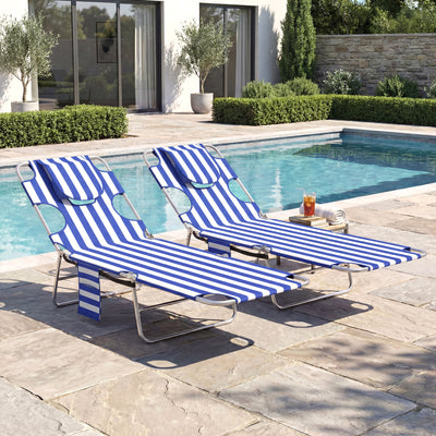 2 Tanning Chairs with Face Hole, 5-Level Adjustable Outdoor Chaise Lounge Chair with Pillow for Beach, Pool, Blue Stripe