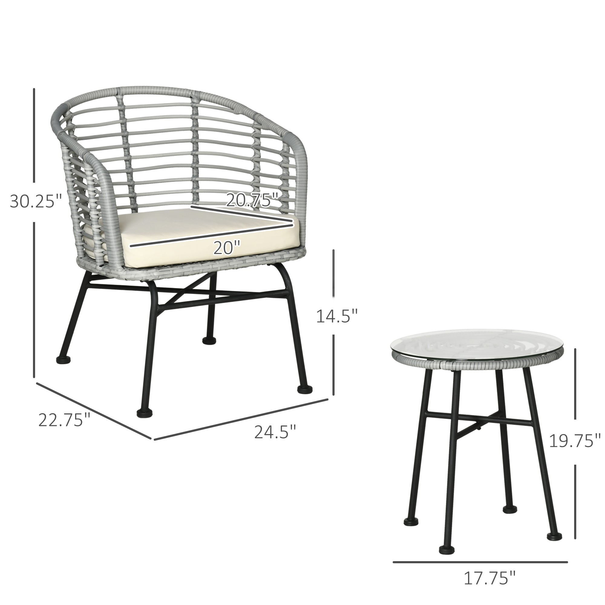 3 Piece Patio Bistro Set, PE Rattan with Cushioned Barrel Chairs & Glass Coffee Table, Conversation Set, Cream White