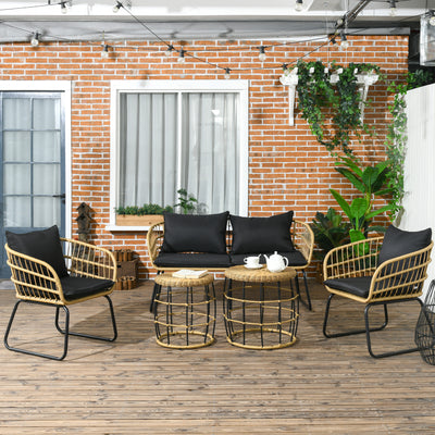5 Piece PE Rattan Outdoor Furniture Set with Cushioned Chairs, Loveseat Sofa & Stackable Coffee Tables