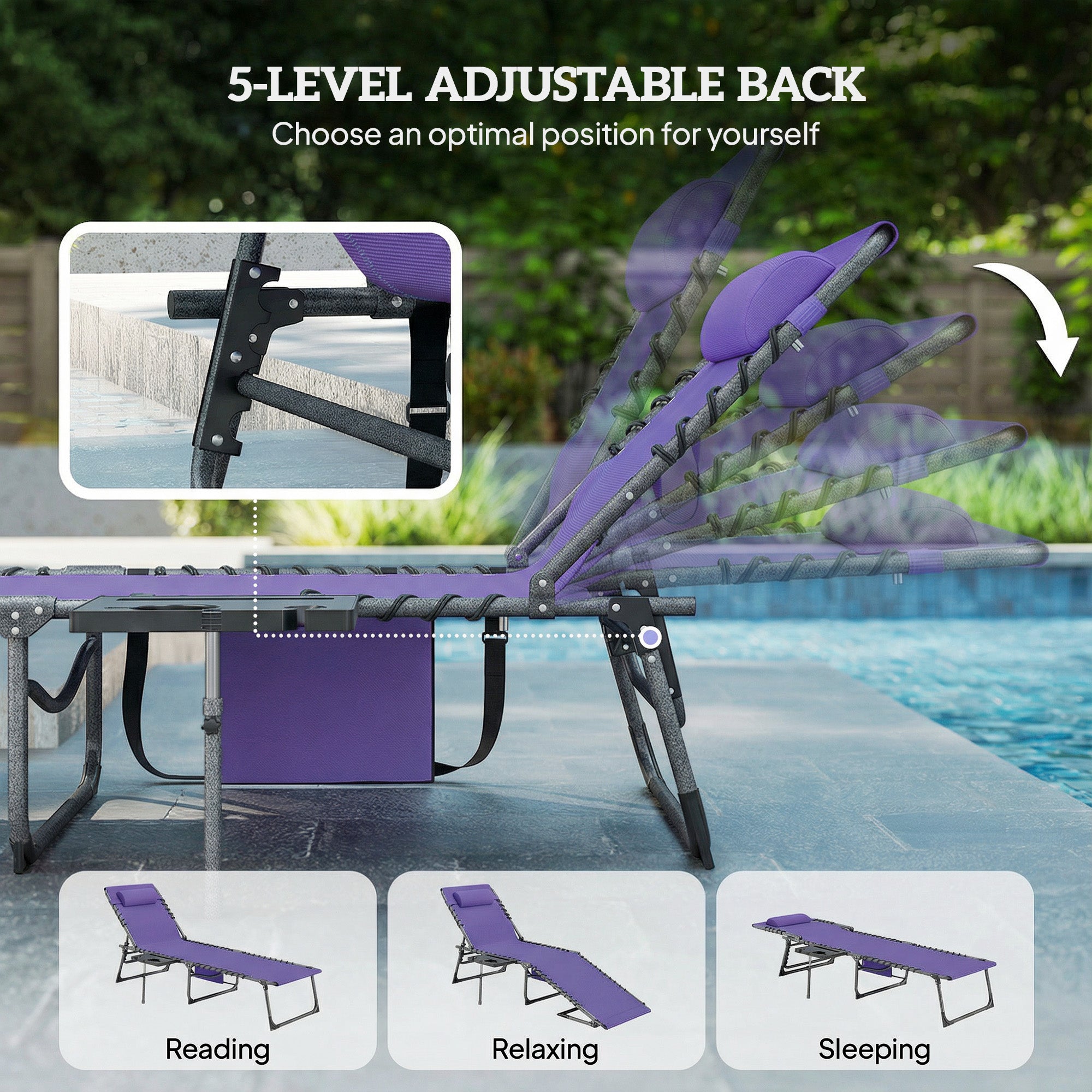 Folding Outdoor Chaise Lounge Chair Tanning Chair with 5-Level Adjustable Back, Side Table, Pillow, Pocket