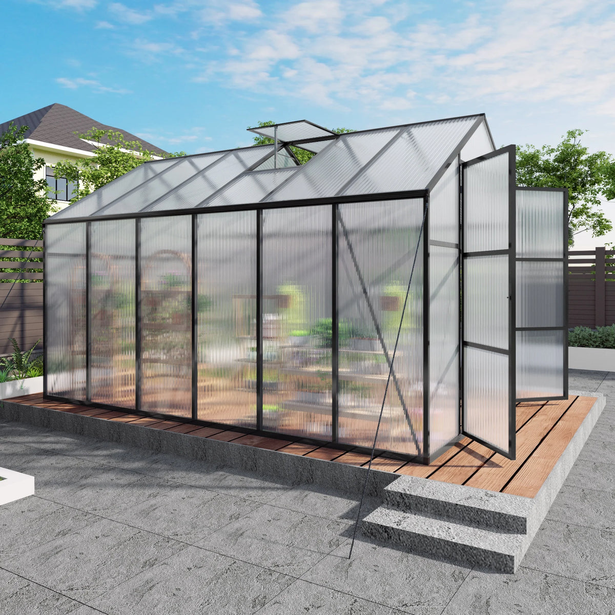 Orchard Row 8x12 greenhouse side view, black aluminum frame and polycarbonate panels
