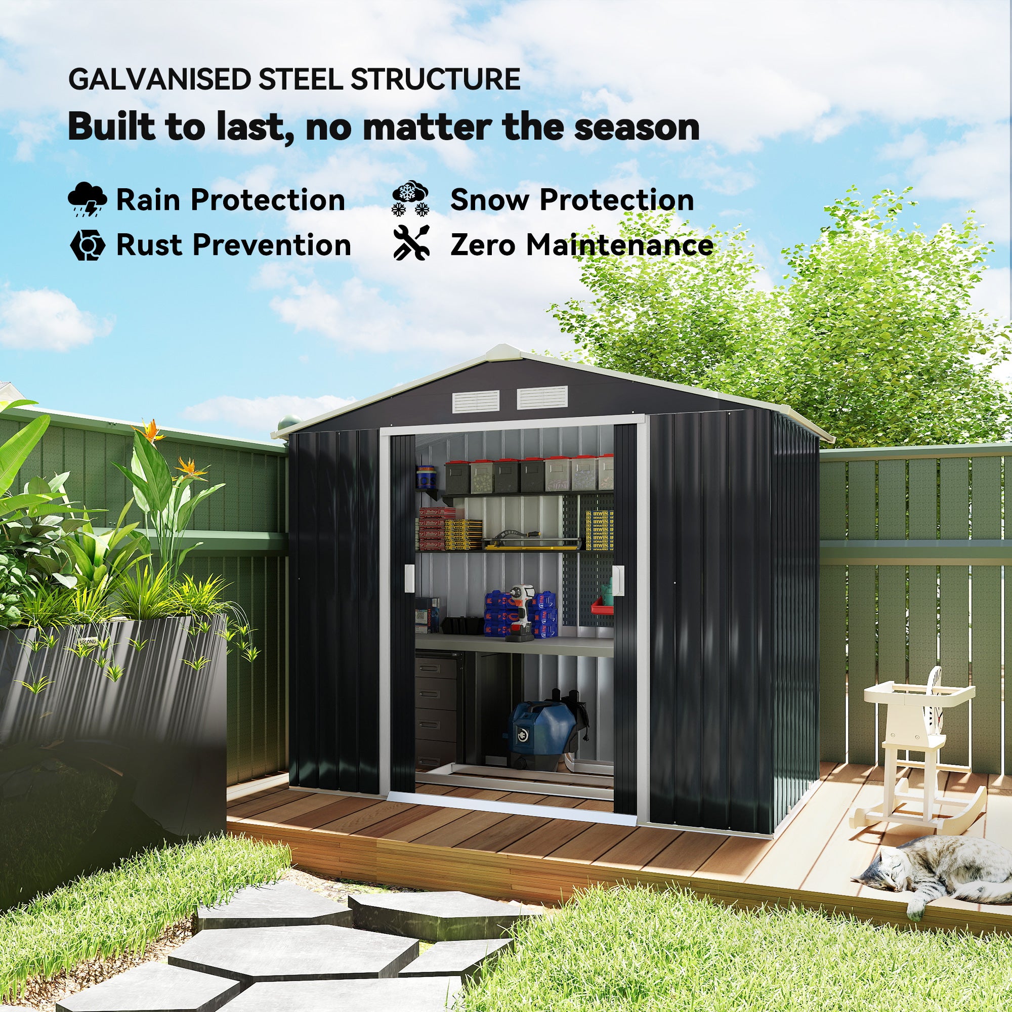 7' x 4' Outdoor Storage Shed, Garden Tool Metal Shed with Foundation Kit, Double Lockable Door, Air Vents and Sloping Roof, for Backyard, Patio, Lawn