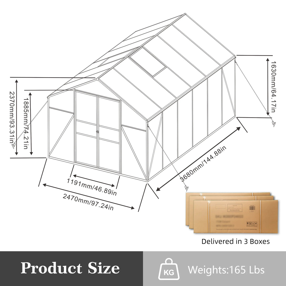 Orchard Row dimensions: 144.88 x 97.24 in, 93.31 in peak, 46.89 x 74.21 in door; ships in 3 boxes