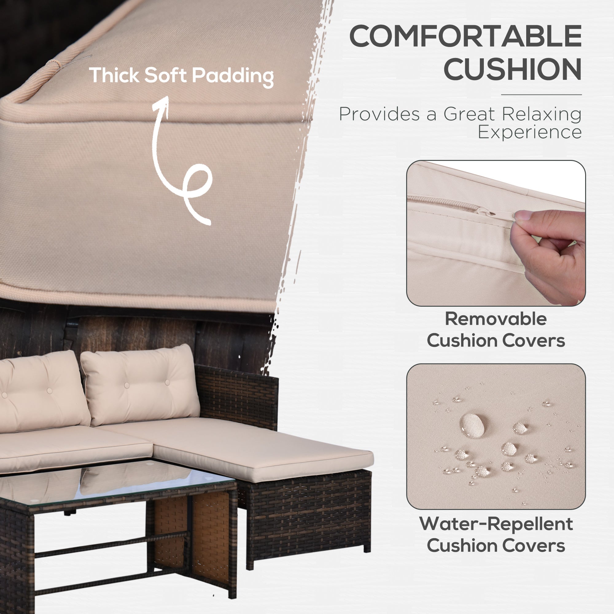 3 Piece Patio Furniture Set, Rattan Outdoor Sofa Set with Chaise Lounge & Loveseat, Soft Cushions, Tempered Glass Table, L-Shaped Sectional Couch, Beige
