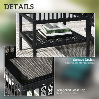 3 Piece Outdoor PE Rattan Rocker Chair Set, Rocking Chair with Tempered Glass Table Top