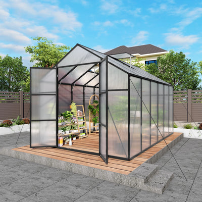 Orchard Row 8x12 greenhouse with double doors open and roof vent raised