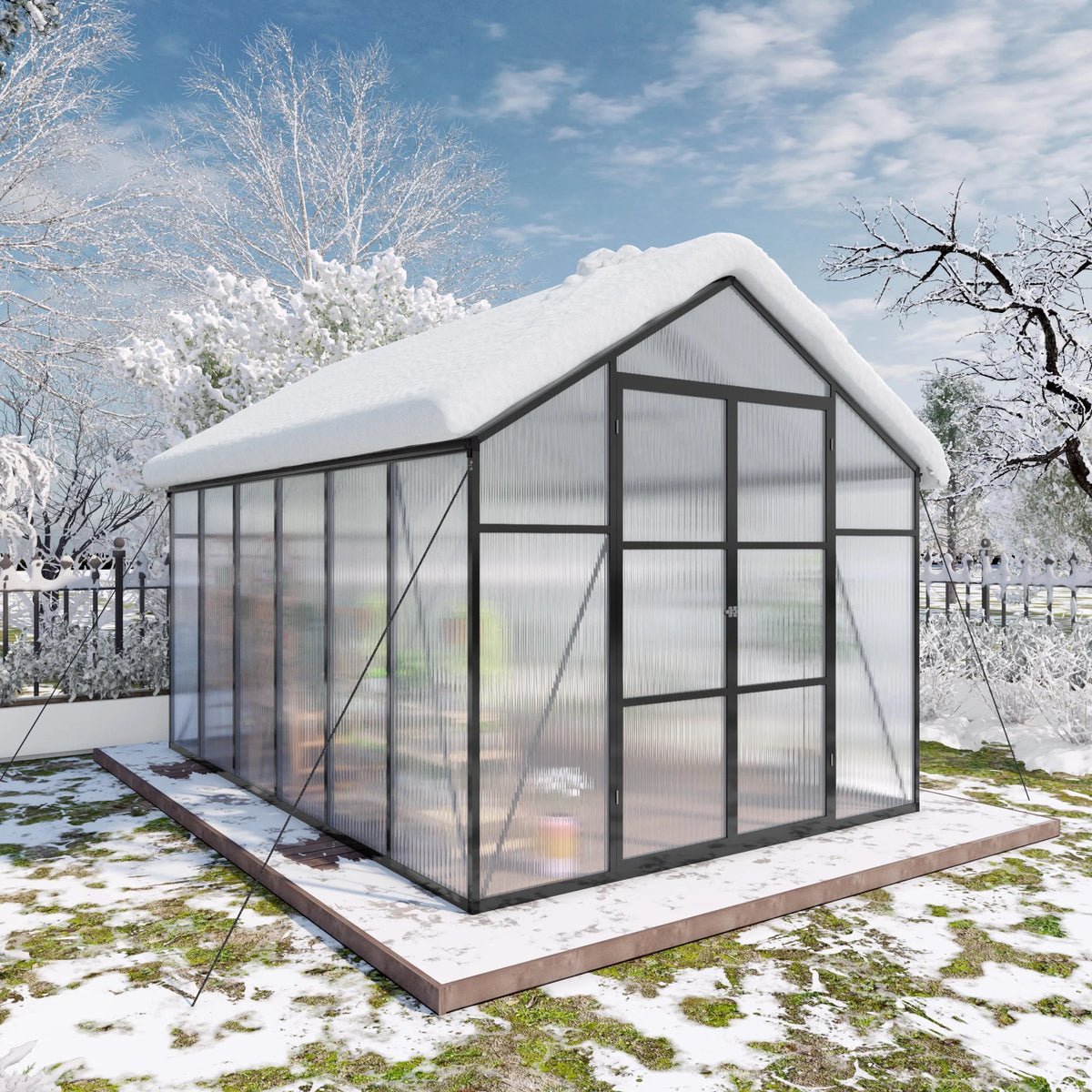 Orchard Row 8x12 greenhouse with doors closed in winter snow