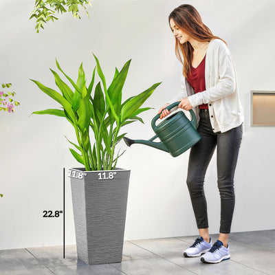 22.8 Inch Set of 3 Outdoor Planters with Stone Finish and Wheels, Stackable Tapered Planters with Drainage Hole