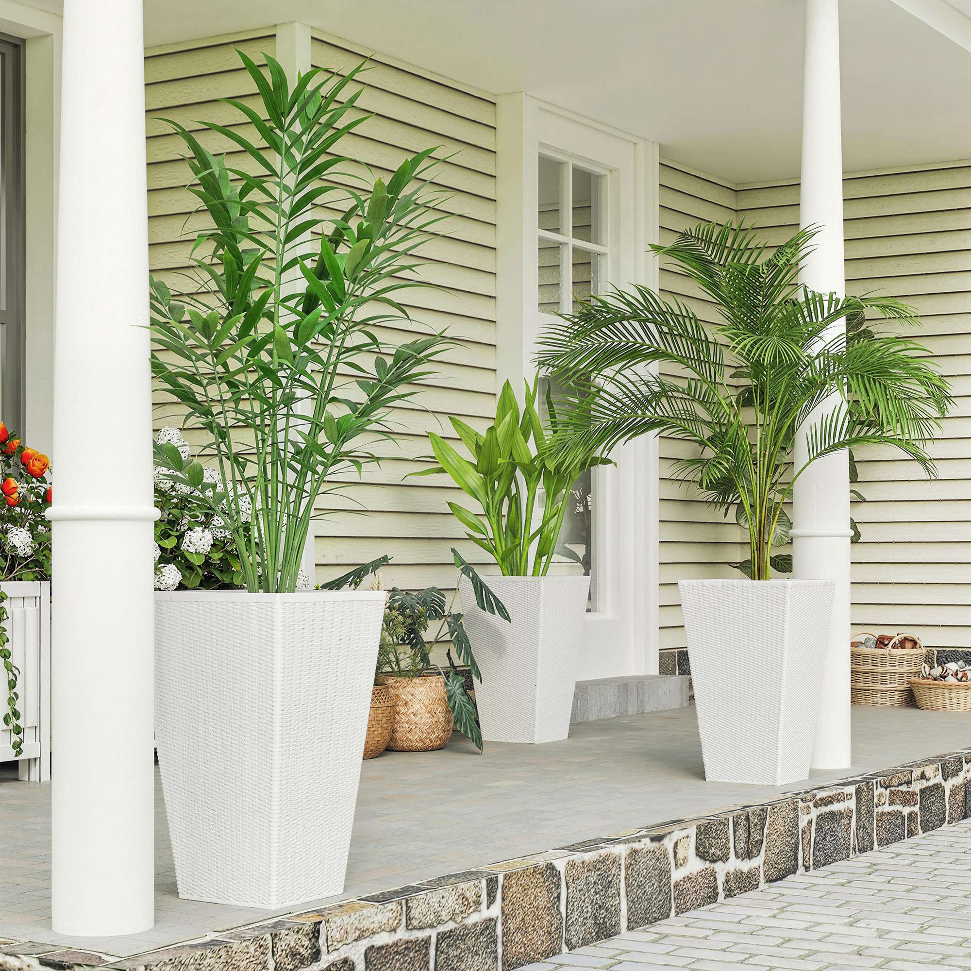 Tall Planters for Outdoor Plants Set of 3, 24 In Taper Planters with Drainage Holes, Rattan Decor Plant Pots
