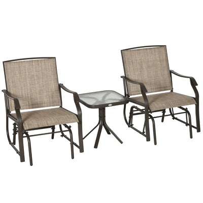 3 Piece Outdoor Glider Chair with Coffee Table Bistro Set, 2 Patio Rocking Swing Chairs with Breathable Sling Fabric, Glass Tabletop, for Backyard, Garden and Porch