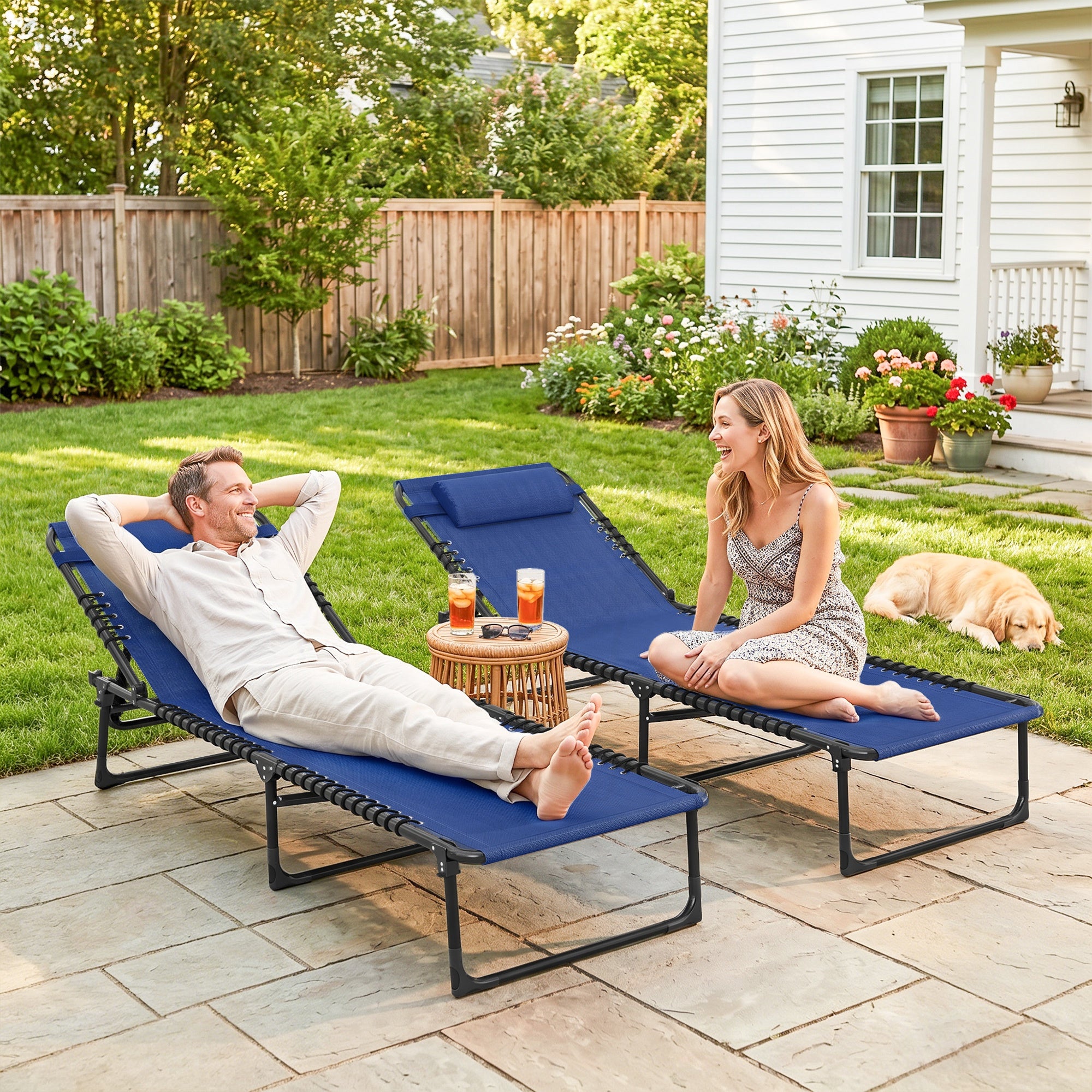 2 Folding Chaise Lounge Pool Chairs with 4-Position Reclining Back, Pillow, Breathable Mesh & Bungee Seat