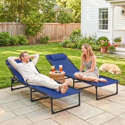 2 Folding Chaise Lounge Pool Chairs with 4-Position Reclining Back, Pillow, Breathable Mesh & Bungee Seat