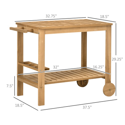 Outdoor Bar Cart, Wood Rolling Home Bar & Serving Cart ，2 Shelves, Wine Bottle Holders for Garden, Dining Room, Natural