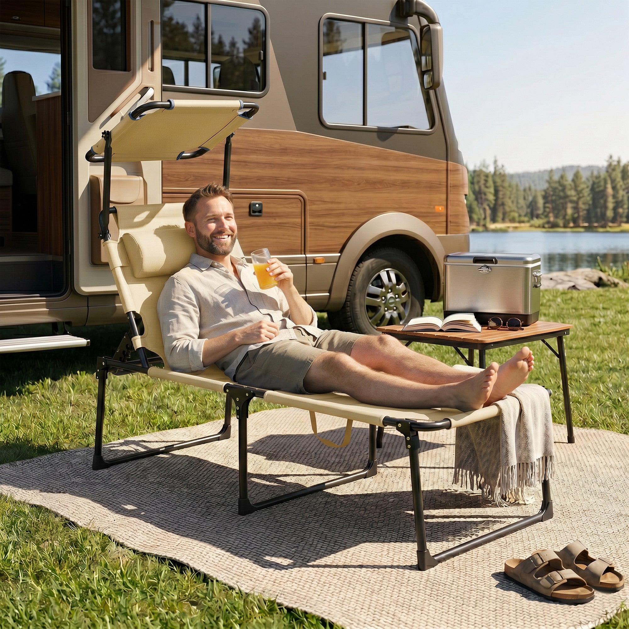 Outdoor Lounge Chair, 4 Position Adjustable Backrest, Folding, Cushioned w/ Sun Shade Roof & Pillow