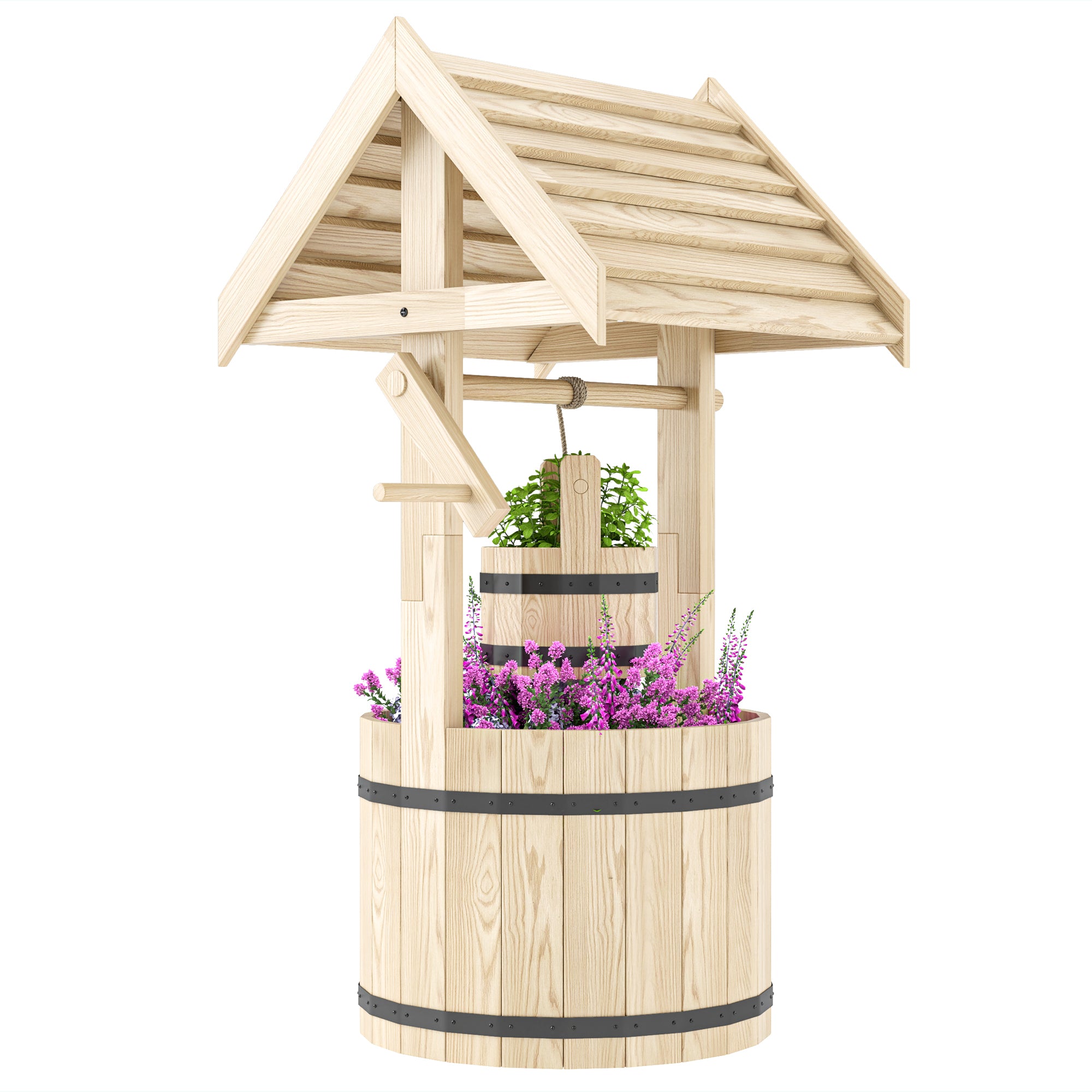 Wood Wishing Well for Outside with Hanging Bucket, Wishing Well Planter with Drain Hole for Garden Patio