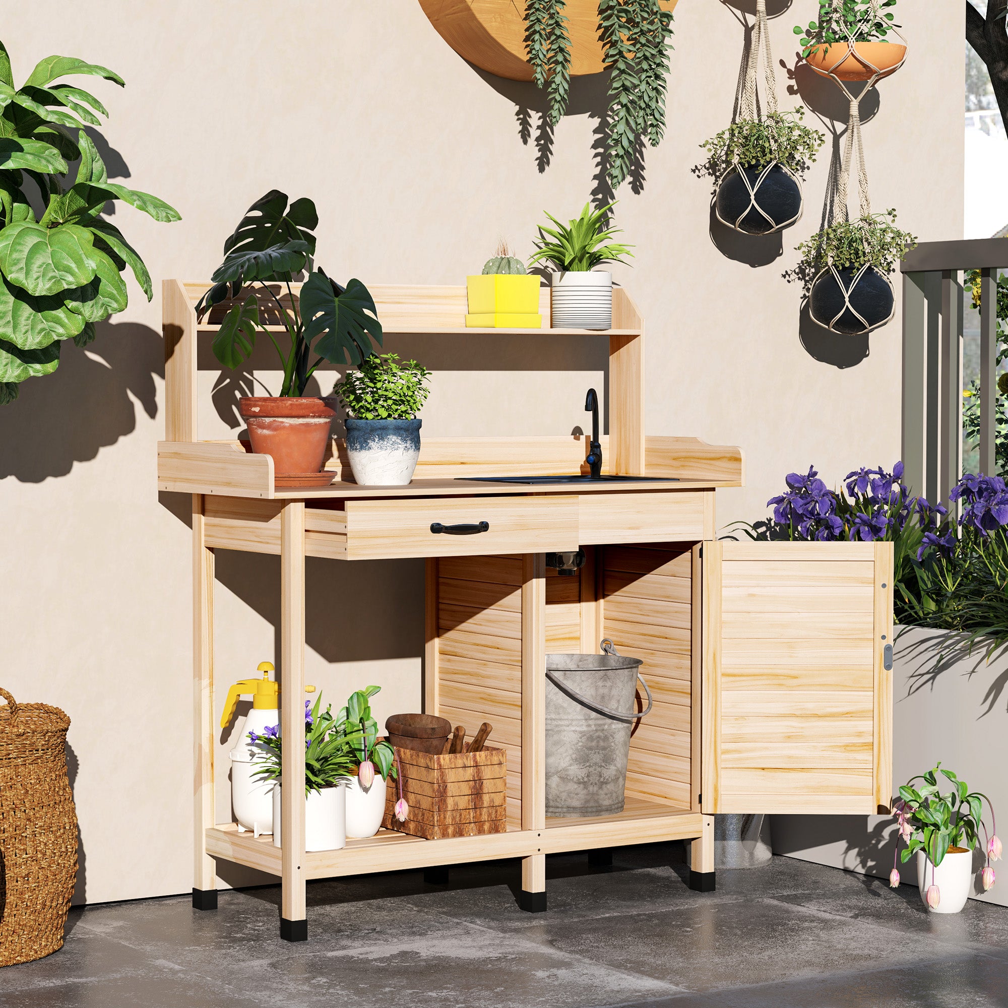 Potting Bench Table with Removable Sink, Outdoor Work Bench Table with Storage Cabinet, Hooks, Faucet and Drawer for Greenhouse, Garden, Patio