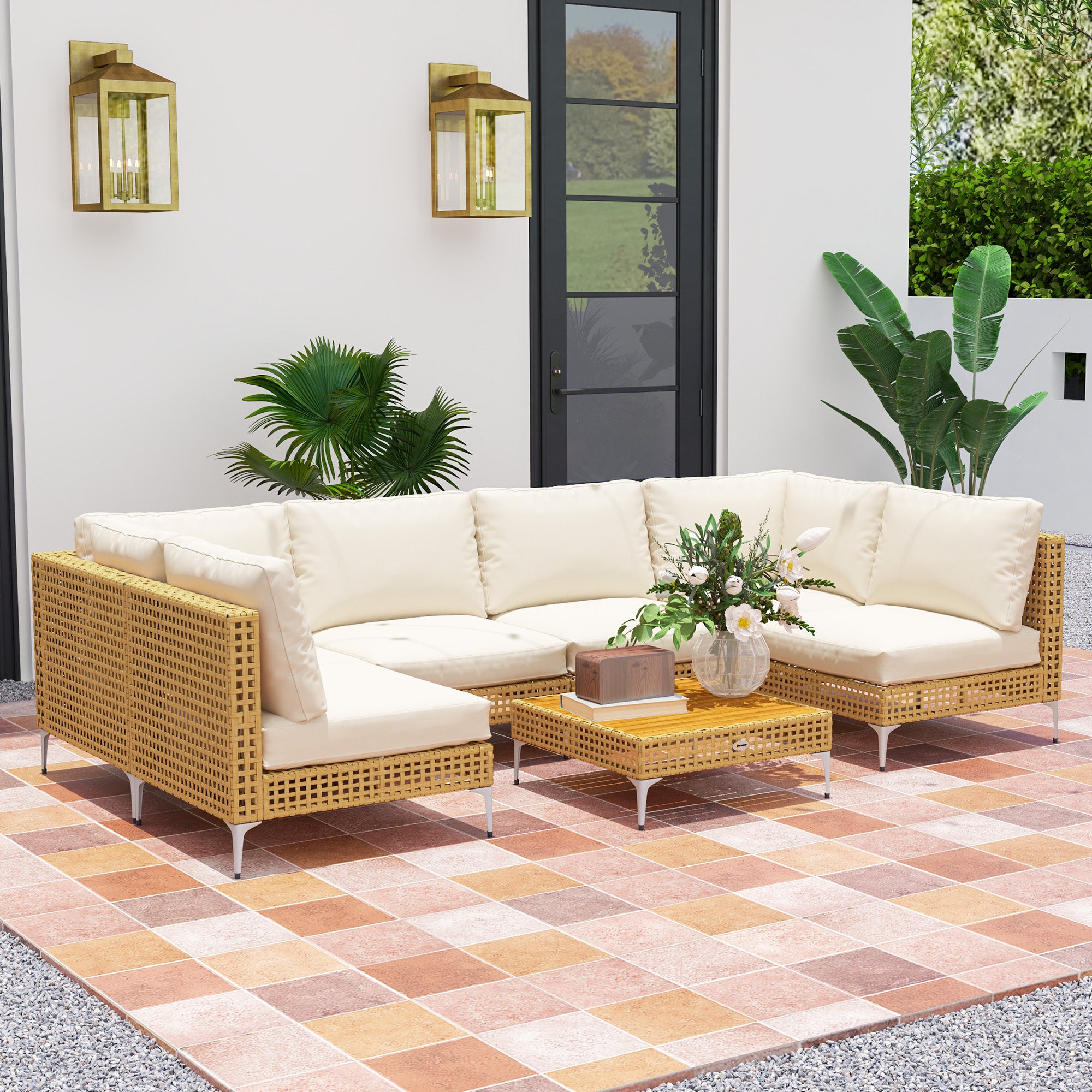 7 Piece Wicker Patio Furniture Set, Modular Outdoor Sectional with Thickened Cushions, Acacia Wood Table