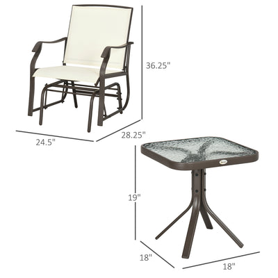 3 Piece Outdoor Glider Chair with Coffee Table Bistro Set, 2 Patio Rocking Swing Chairs with Breathable Sling Fabric, Glass Tabletop, for Backyard, Garden and Porch