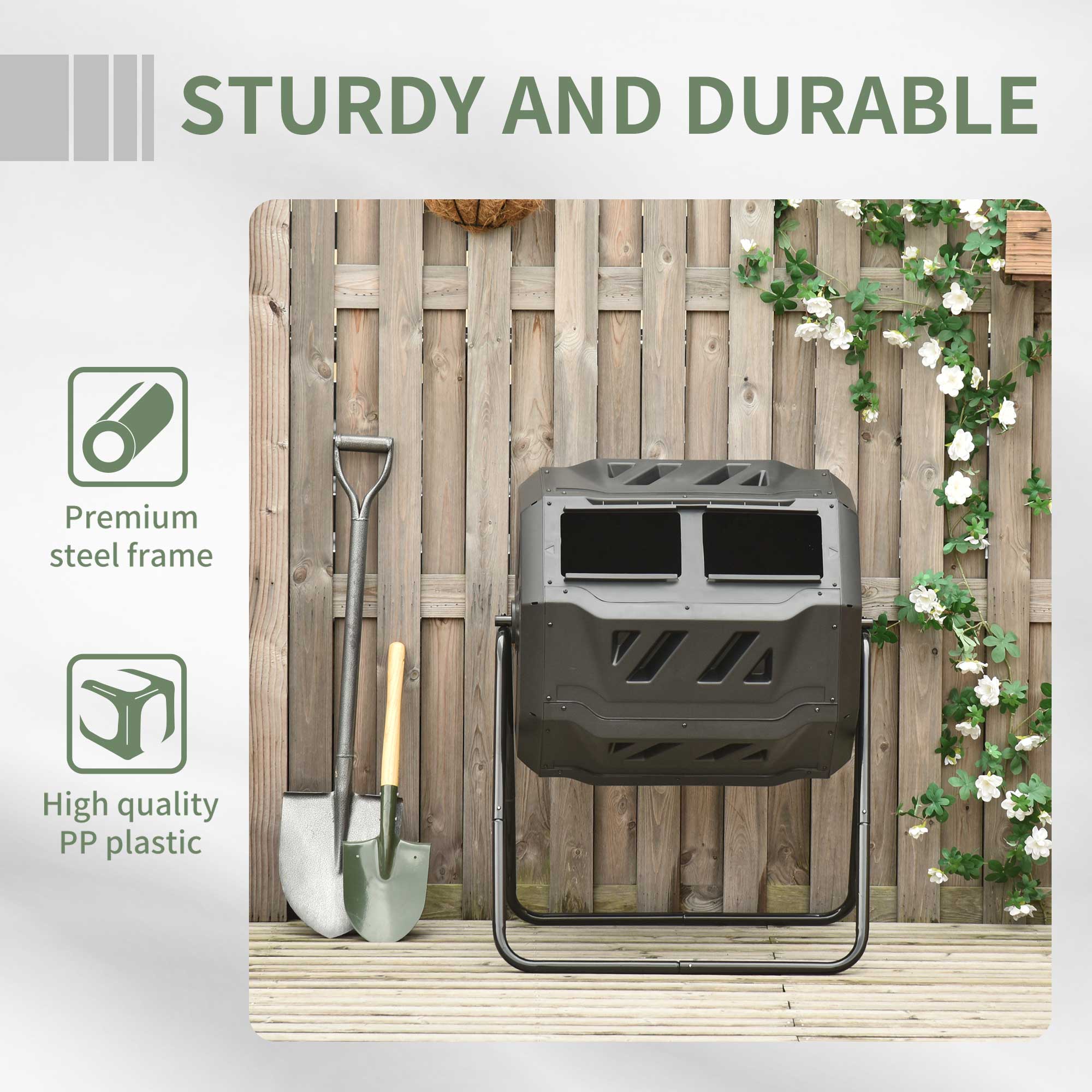 Tumbling Compost Bin Outdoor 360° Dual Chamber Rotating Composter 43 Gallon