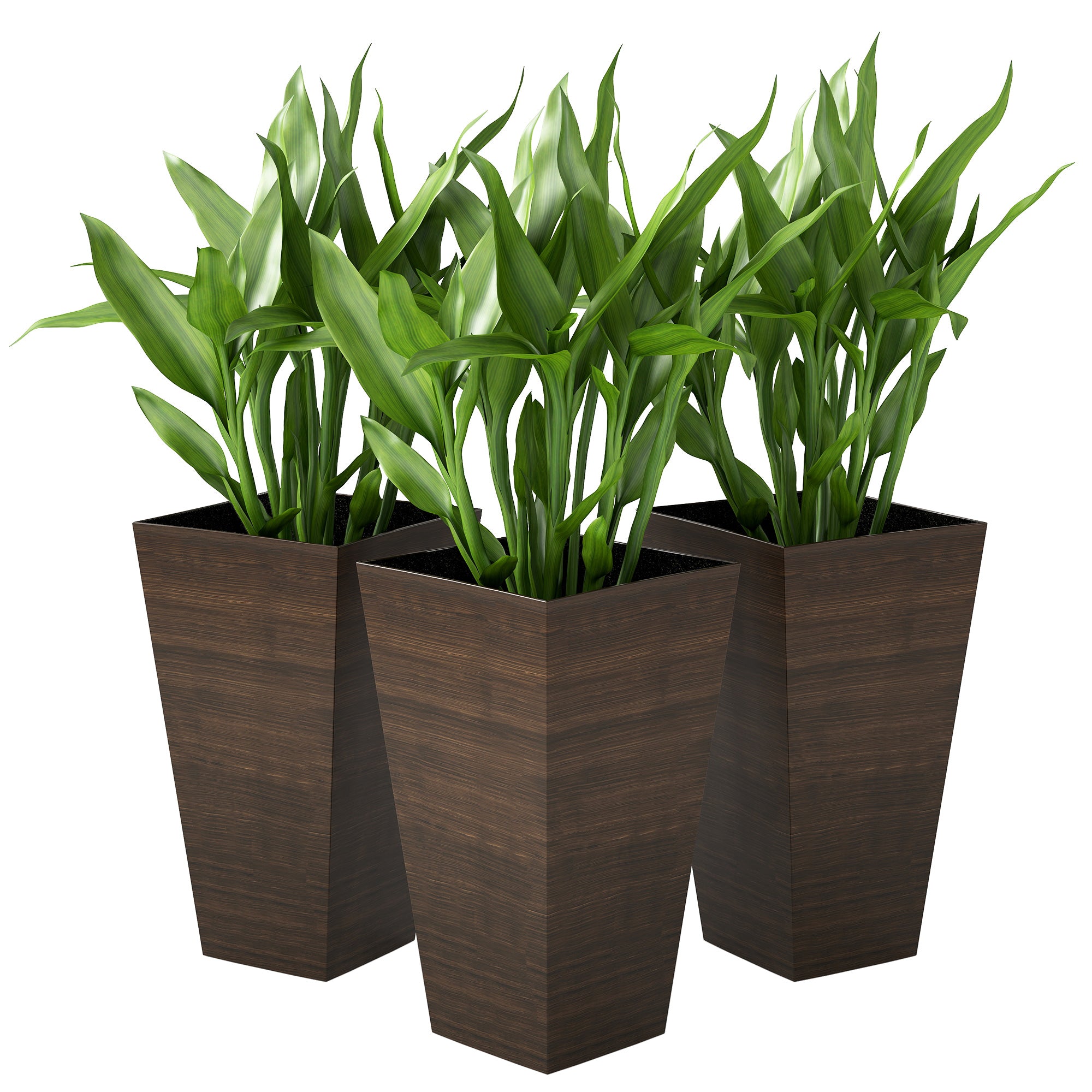 Set of 3 Tall Planters, 28" Outdoor Planter w/ Drainage Holes, Faux Wood Plastic Flower Pots, Brown