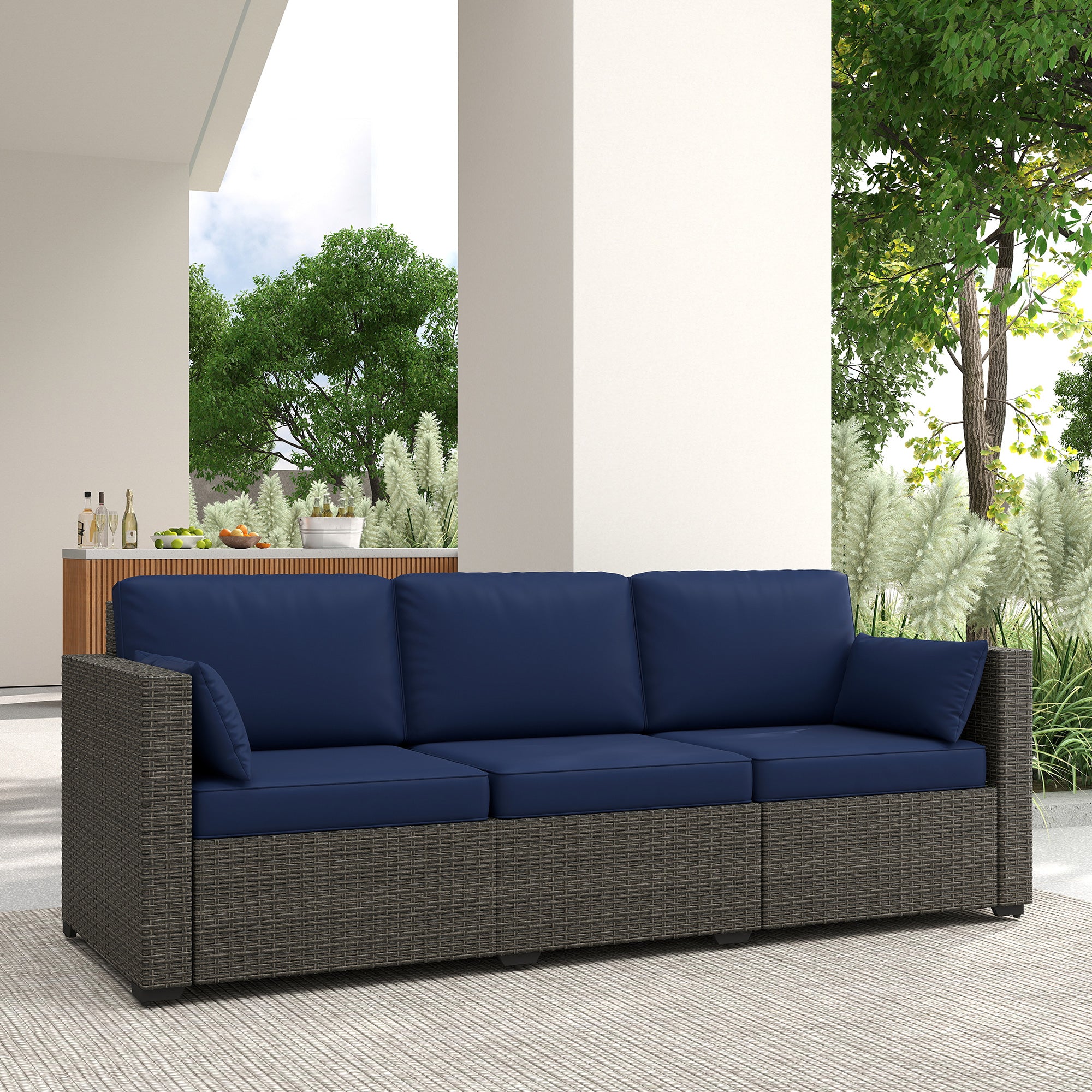 Patio Couch PE Wicker Deep Seating Outdoor Sofa with Removable Cushions, 3 Seater Rattan Sofa, Outdoor Furniture for Balcony, Deck, Garden and Poolside