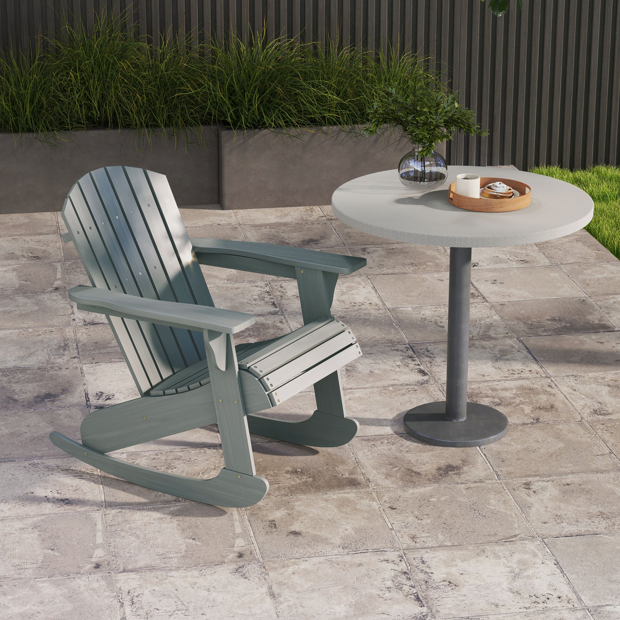 Wood Adirondack Outdoor Lounge Rocking Chair Fire Pit Seating with Slatted Wooden Design, Fanned Back, Gray