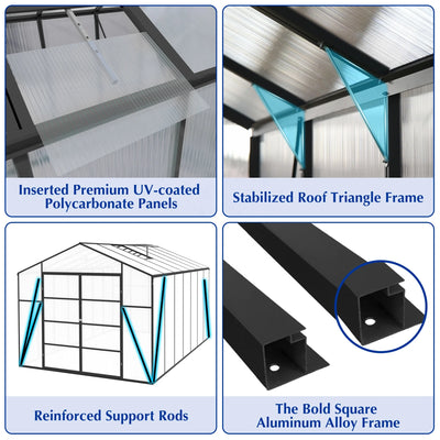 Broadmeadow details: UV-coated panels, roof braces, support rods, square aluminum frame