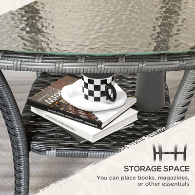 Outdoor Coffee Table with Storage Shelf, Hand-Woven Wicker Side Table with Water-Ripple Glass Top
