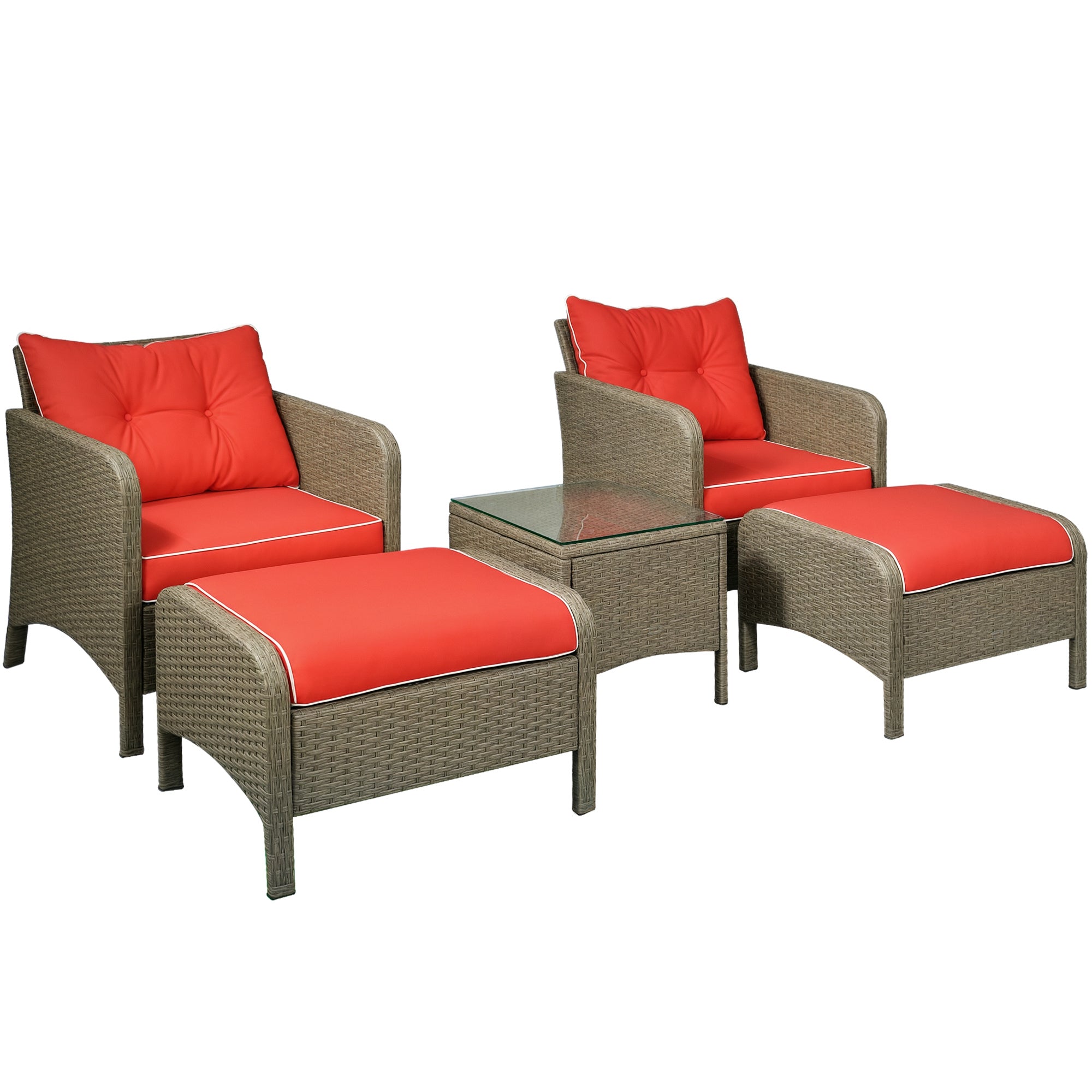 5 Pieces Rattan Wicker Lounge Chair Outdoor Patio Conversation Set with 2 Cushioned Chairs, 2 Ottomans and Tempered Glass Top Coffee Table