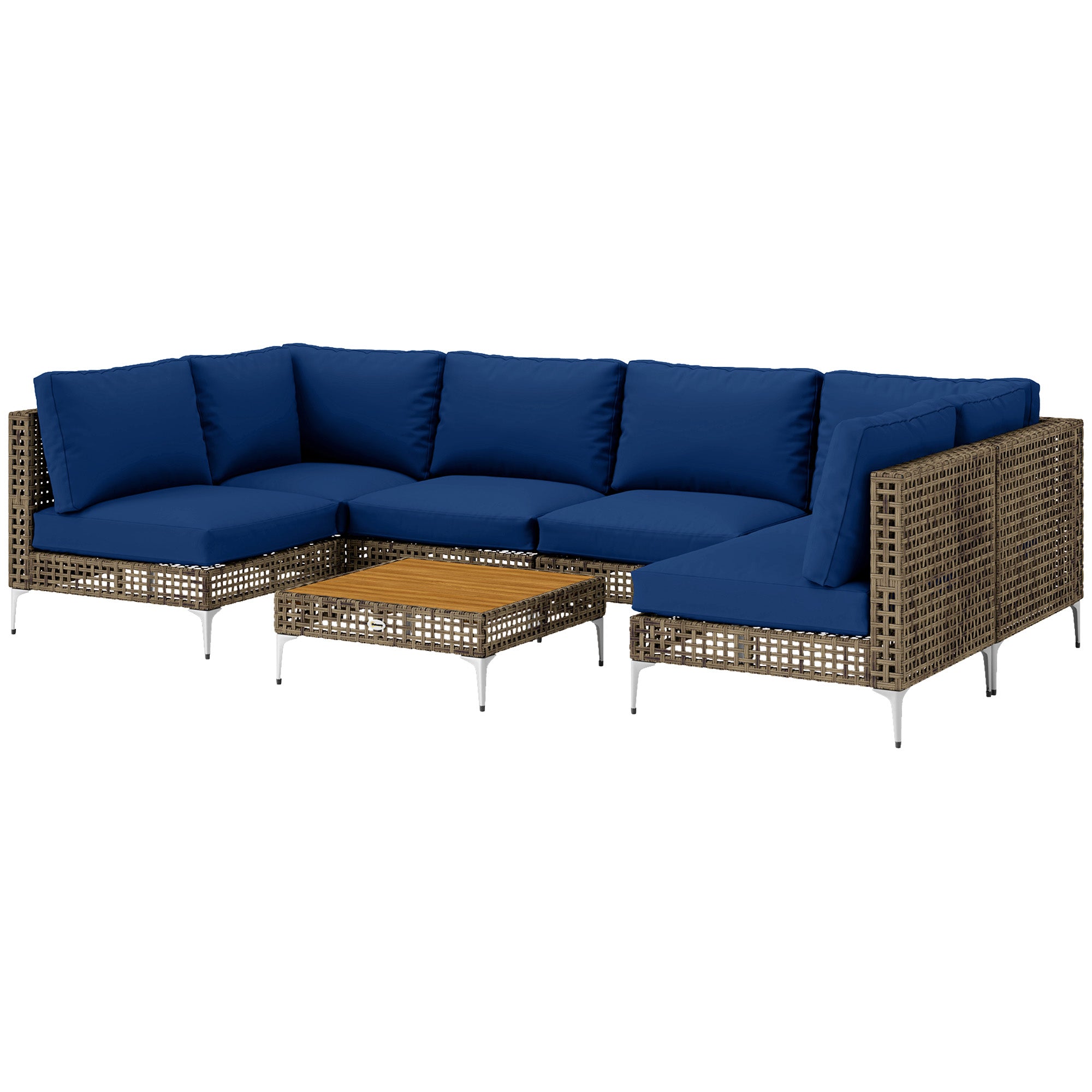 7 Piece Wicker Patio Furniture Set, Modular Outdoor Sectional with Thickened Cushions, Acacia Wood Table