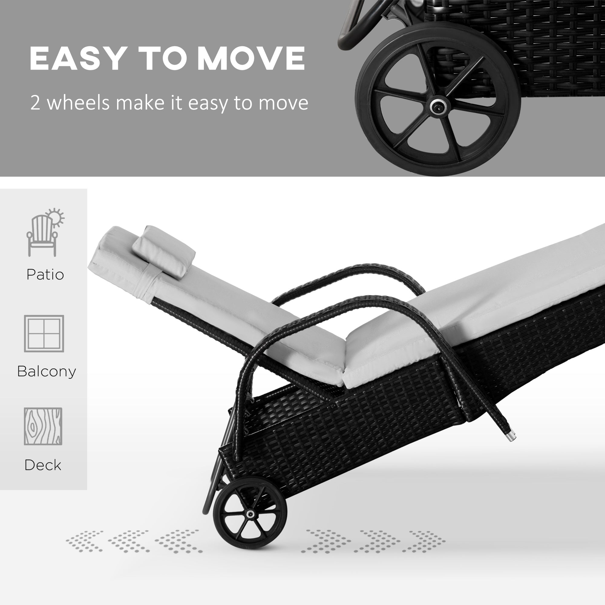 Wicker Outdoor Chaise Lounge Chair Set of 3 with Side Table, 5-Level Adjustable Backrest PE Rattan Pool Lounge Chair with Wheels, Cushion & Headrest, Black and Cream White