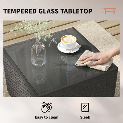 3 Piece Patio Furniture Set, Wicker Outdoor Patio Conversation Furniture Set with Cushions, Glass Top Table