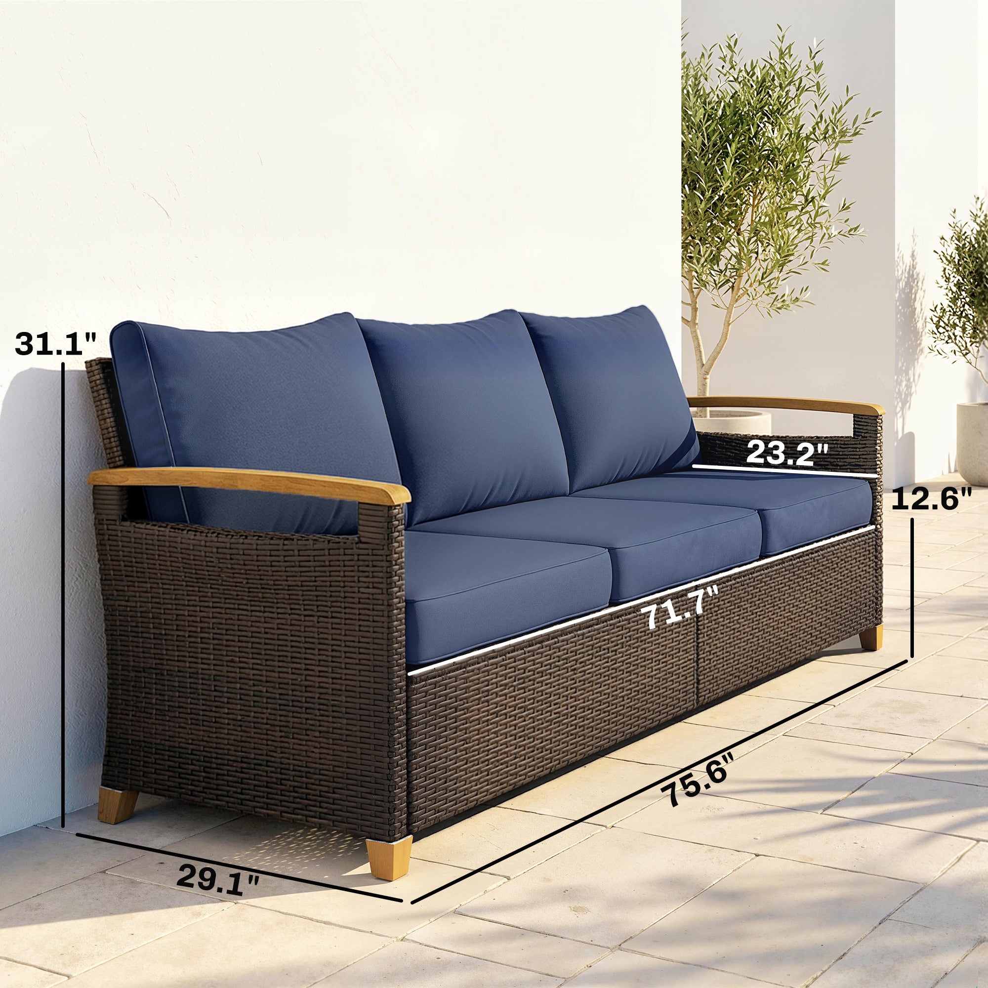 3 Seater Outdoor Couch Sofa, PE Wicker Patio Sofa, Wide Deep Seat, 4" Cushions, Wood-Effect Armrests Legs