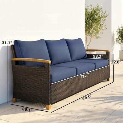 3 Seater Outdoor Couch Sofa, PE Wicker Patio Sofa, Wide Deep Seat, 4" Cushions, Wood-Effect Armrests Legs
