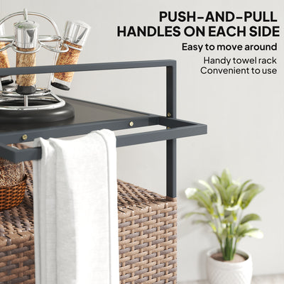 2-Tier Shelf PE Rattan Outdoor Bar Table, Glass Top Outdoor Serving Cart with Cabinet