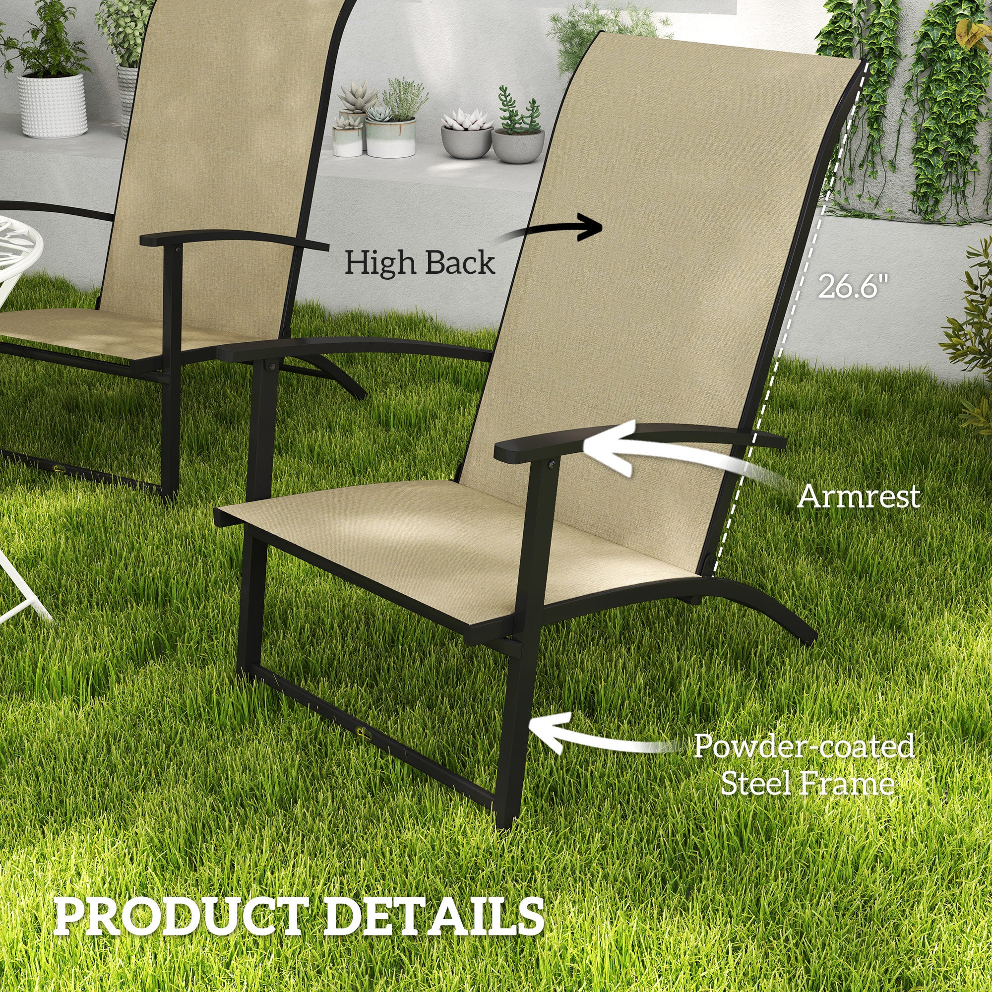 Set of 2 Outdoor Dining Chairs with High Back, Armrests, Folding Patio Chairs for Patio, Lawn, Camping