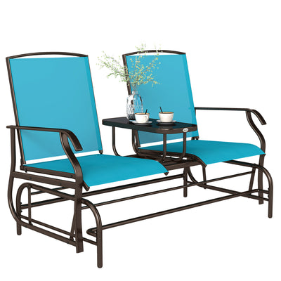 Outdoor Glider Bench with Center Table, Metal Frame Patio Loveseat with Breathable Mesh Fabric and Armrests for Backyard Garden Porch