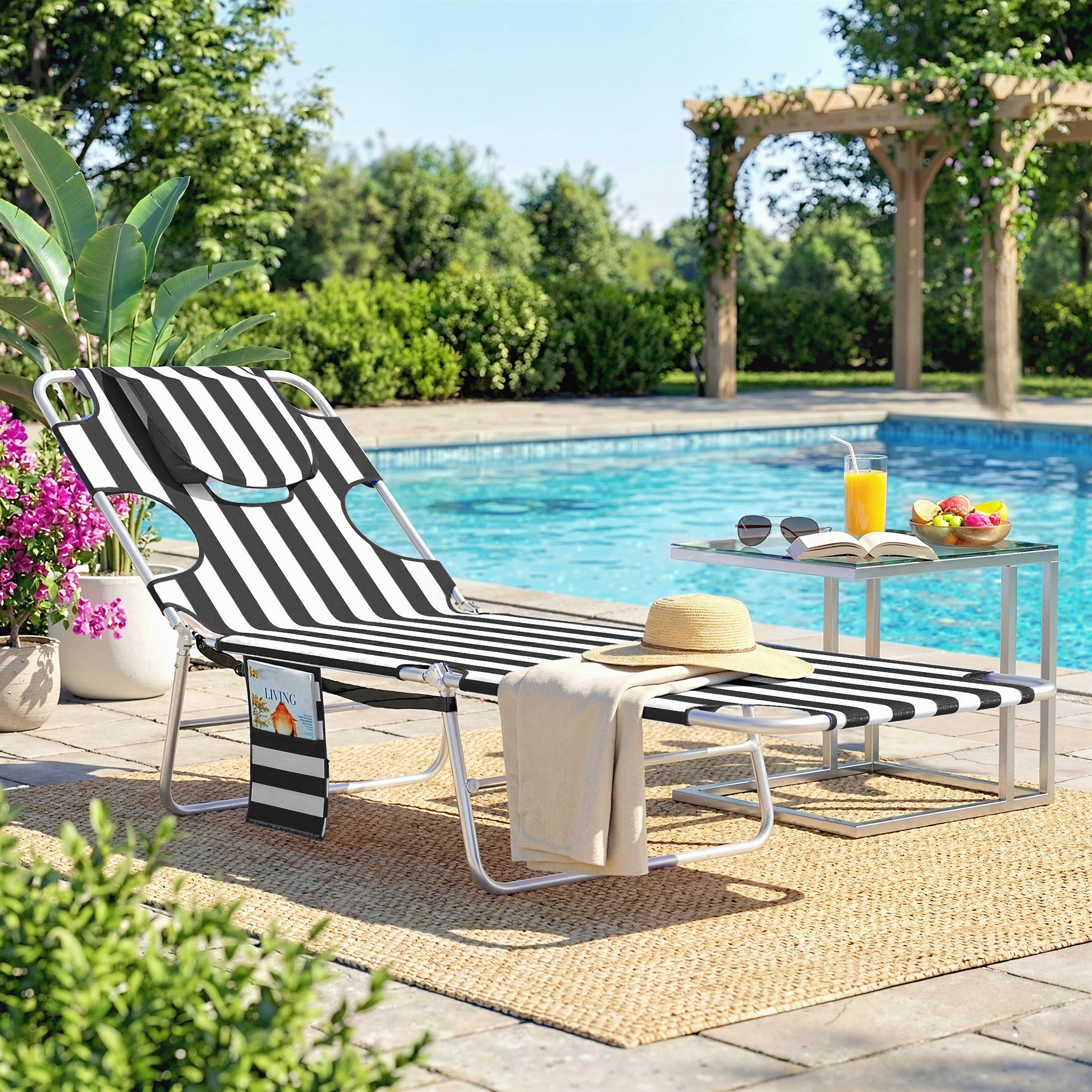 Tanning Chair with Face Hole, 5-Level Adjustable Outdoor Chaise Lounge Chair with Pillow for Beach, Pool
