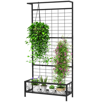 Metal Tall Plant Stand with Trellis and Hanging Bar, Plant Holder for Indoor Outdoor Use, 35" x 12.8" x 74"