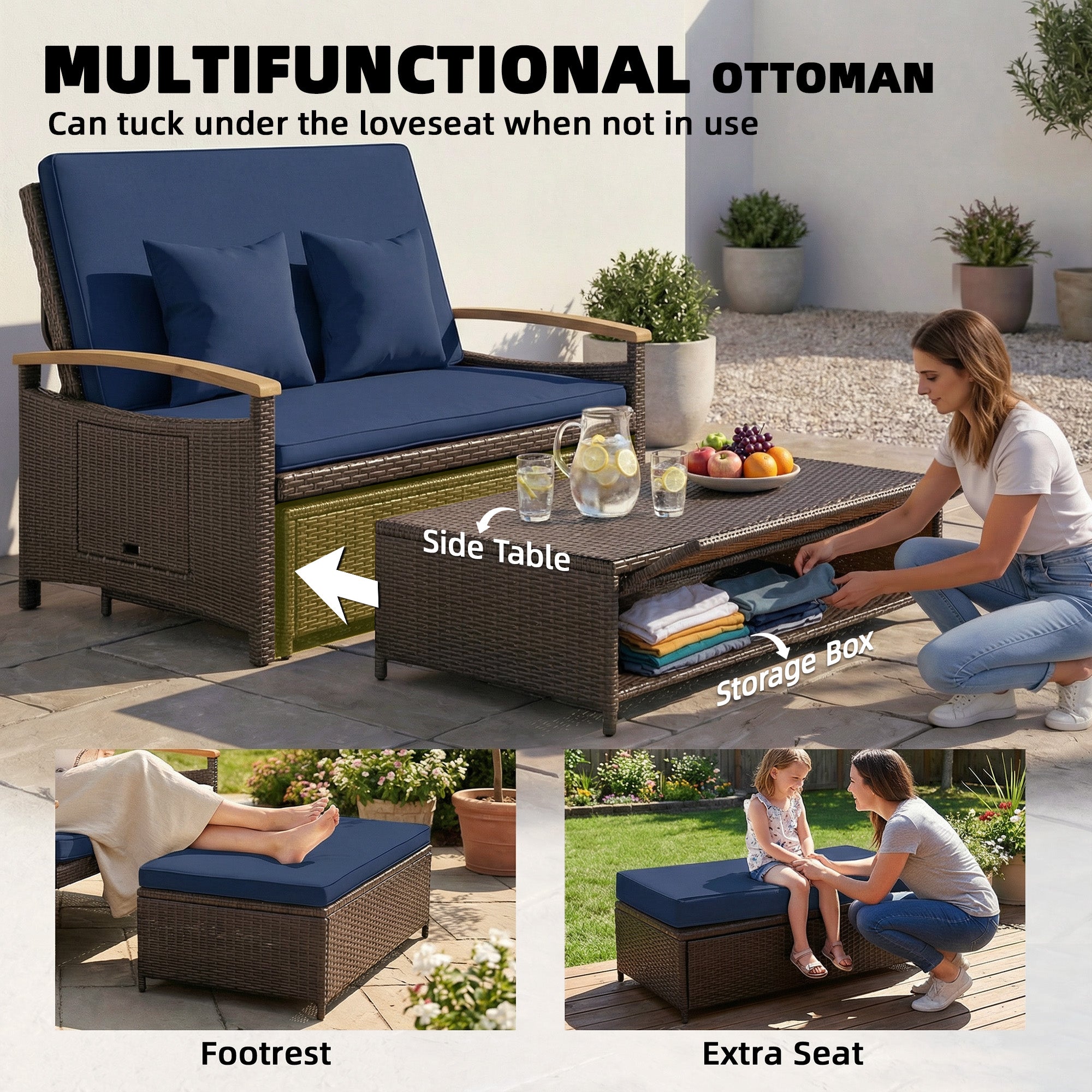 Rattan Outdoor Daybed w/4-Level Adjustable Backrest, Patio Sofa Bed w/Storage Ottoman, Acacia Wood Armrest