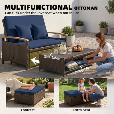Rattan Outdoor Daybed w/4-Level Adjustable Backrest, Patio Sofa Bed w/Storage Ottoman, Acacia Wood Armrest