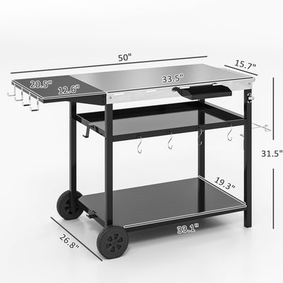 Outdoor Bar Cart Grill Table with Stainless Steel Tabletop, Wheeled Outdoor Serving Cart Prep Table with Storage, Hooks