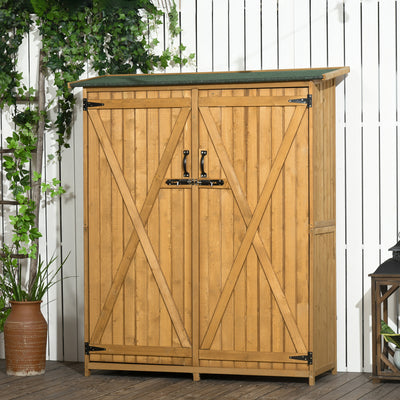 Outdoor Storage Cabinet Wooden Garden Shed Utility Tool Organizer with Waterproof Asphalt Rood, Lockable Doors, 3 Tier Shelves for Lawn, Backyard