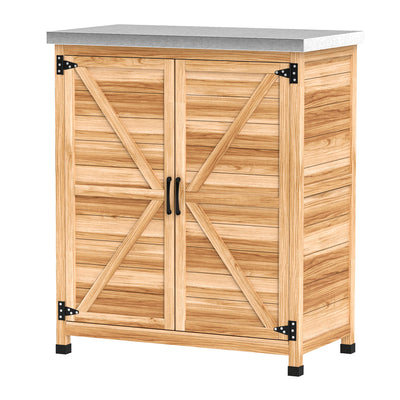 Wooden Storage Cabinet, Outdoor Prep Table with Metal Tabletop, Shelves and Double Doors for Patio, Garden