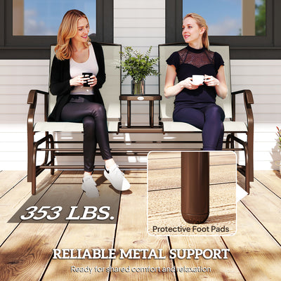 Outdoor Glider Bench with Center Table, Metal Frame Patio Loveseat with Breathable Mesh Fabric and Armrests for Backyard Garden Porch