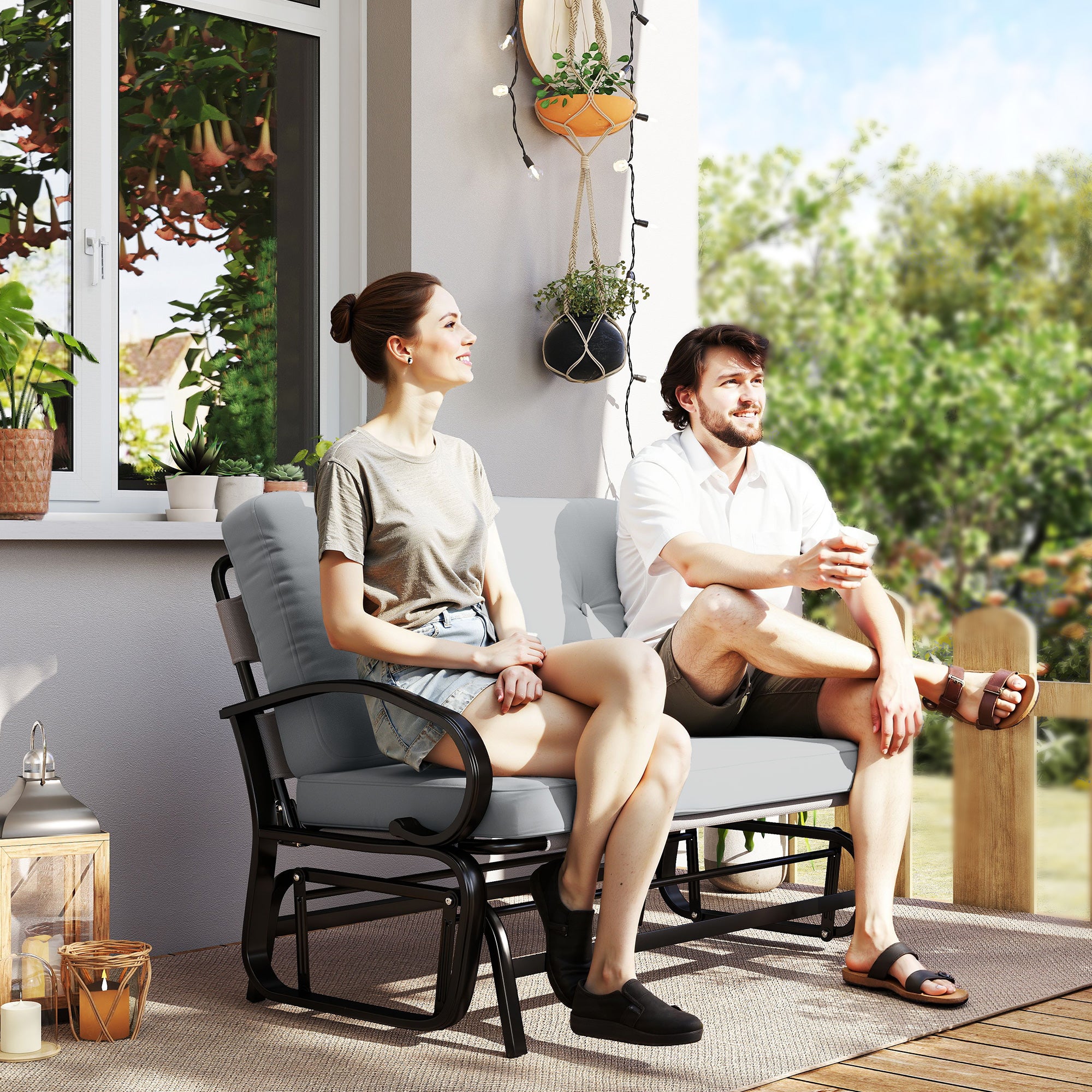 Outdoor Glider Bench, 2-Person Patio Rocker Loveseat with Tufted Cushions, Steel Frame for Porch, Garden Backyard