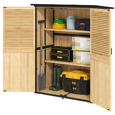 Wood Storage Shed, Outdoor Garden Shed with Asphalt Roof, 2 Shelves, Lockable Doors and Adjustable Feet