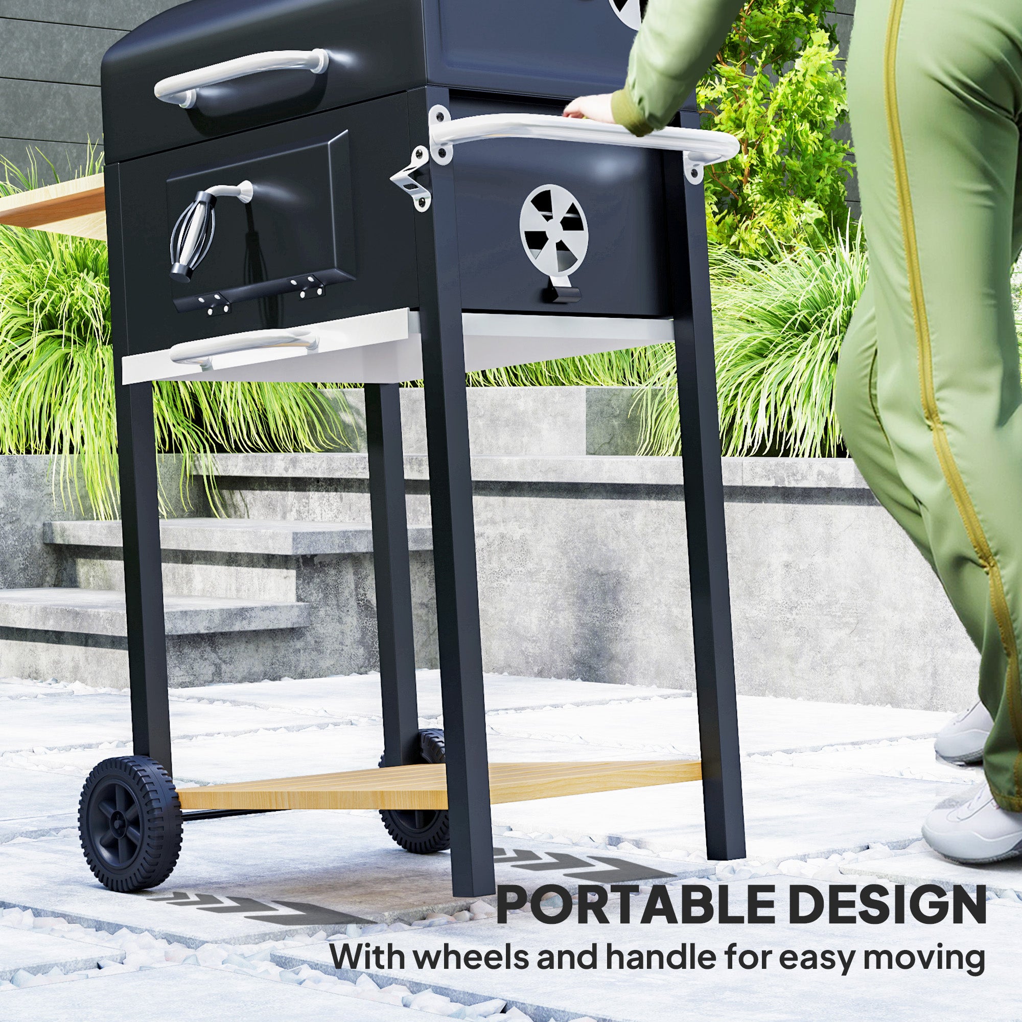 Charcoal BBQ Grill, Outdoor Portable Cooker for Camping or Backyard Picnic, Barbecue Grill with Side Table, Bottom Storage Shelf, Wheels and Handle, Black